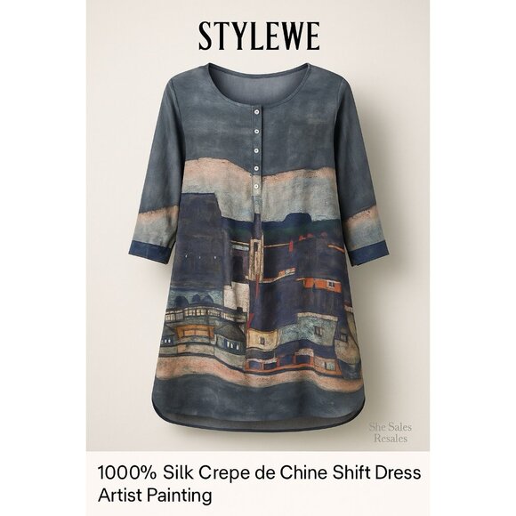 StyleWe QILI 100% Silk Crepe de Chine Shift Dress XL Multicolor Abstract Artist - Picture 1 of 10